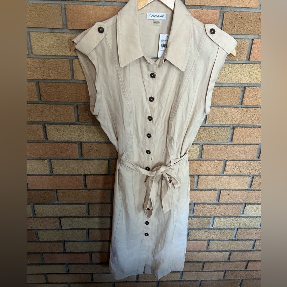NWT Calvin Klein Women's Tan Belted Fitted Button Front Cap Sleeve Dress Size 10